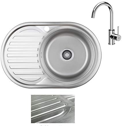 VBChome Einbauspüle mit Armatur 77x50 Satinstruktur ab 45er Unterschrank Edelstahl Küchenspüle Spüle Ablagefläche Abtropffläche eckiges Camping Ablaufgarnitur Siphon Wasserhahn Chrom