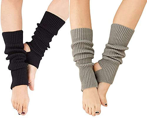 YUANQIAN Damen Winter Extra Weich Lange Beinwärmer Gestrickt Steigbügel Beinwärmer für Yoga Ballett Tanz, Schwarz / Grau, Length 43cm
