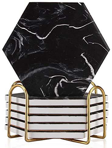 Untersetzer aus schwarzem Marmor, sechseckig, saugfähig, modernes Keramik-Untersetzer-Set für Getränke, Kaffee, Tisch, Bar, 6 Stück