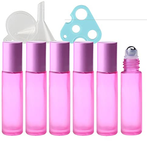 TIANZD 6 Pcs, 10ml Empty Frosted Pink Glass Essential Oil Roller Bottles with Alu Screw Cap Roll on Bottles Rollerball Bottle for Essential Oil Perfume, 1x Funnel 1x Opener
