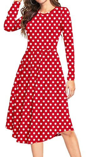 YUNDAI Women Christmas Midi Dress Long Sleeve Ladies Dress Crew Neck Floral Plain Beach Party Dresses with Pocket