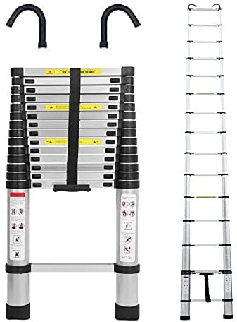 6.2M/20.5FT Telescopic Ladder Aluminum Folding Ladder with Detachable Hooks Attic Ladder Collapsible Ladder Easy to Retract for Home Use Business Roof RV Outdoor Activities EN131 CE Standards (Sliver)