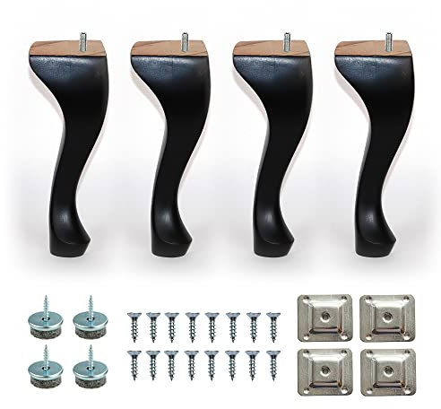 8'' Queen Anne Wooden Furniture Replacement Legs Colours M8 Thread With Level Mounting Plates Protective Felt Pads Set Of 4 Replacement Legs For Sofa Cabinet Footstool Chair Bed Ottoman (Black)
