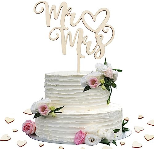 Holz Tortendeko Hochzeit mit 50 Pcs Herzen Streudeko Cake Topper Mr Mrs Torten Topper Tischdeko Tortendeckel Tortenstecker für Hochzeit Jubiläum Verlobung Antrag