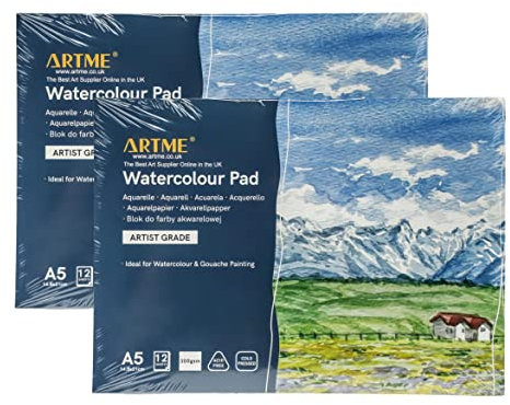 ARTME A5 Aquarellblock (2 Stück) x 12 Blatt / 300 g/m² / fest strukturiert/kaltgepresst/Zellulose-säurefrei/Premium-Qualität Zeichenblock Skizzenbuch Aquarelle & Gouache-Malerei (A5, 2 Stück)