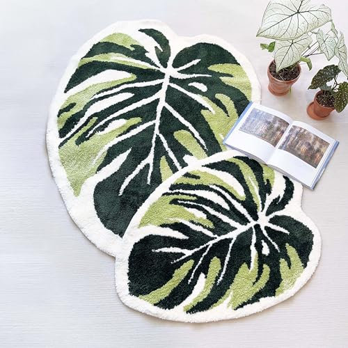 THRILRUG Monstera Getuftete Teppiche mit Blattbereich, rutschfest, Badematte, getuftet, ultraweich, waschbar, Kinderspielpflanze, Blätterform, Kinder, Haustiere, Bodenmatte, Grün, 6.6x9.1 cm