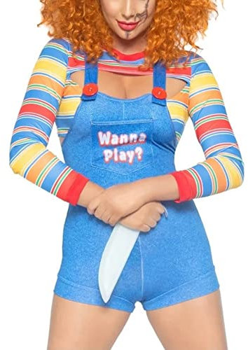 Damen 2-teiliges Halloween-Kostüm-Set, gruseliger Albtraum-Killer-Puppe, Wanna Play Movie Character Sexy Chucky Doll Bodysuit, hellblau, 36