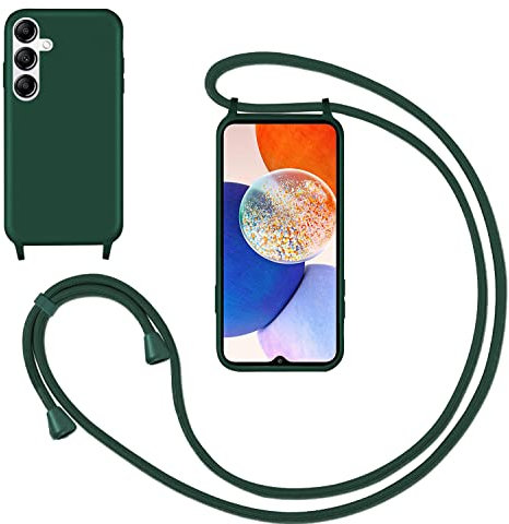 Coque pour Samsung Galaxy A14 avec Cordon,Souple Silicone Housse avec Bandoulière en Nylon, Réglable Lanyard Case Protection Complète Cover Etui Antichoc Protection,Vert