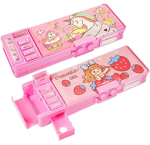 Henoyso Pop-Up-Multifunktions-Federmäppchen, Cartoon-Stiftbox, Organizer, niedliches pinkes Einhorn, Kätzchen, Bleistift-Box mit Passwortschloss, Spitzer, Zeitplan, Whiteboard,