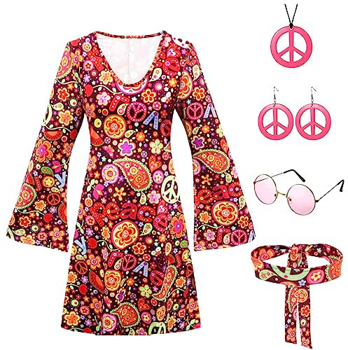Punvot Schlager Outfit Damen, 60er 70er Hippie Kleidung Frauen Mädchen Disco Outfit Kostüm Damen Mädchen 70er Hippie Kostüm Set Damen Disco Faschingskostüm Mädchen für Karneval Cosplay Party (A-XL)
