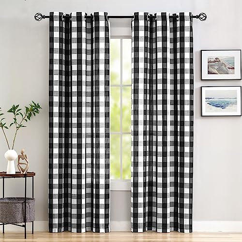 Abstractex Lot de 2 panneaux de rideaux semi-transparents à œillets pour chambre à coucher, salon, à carreaux de buffle classiques et rustiques, 152,4 x 228,6 cm, noir et blanc