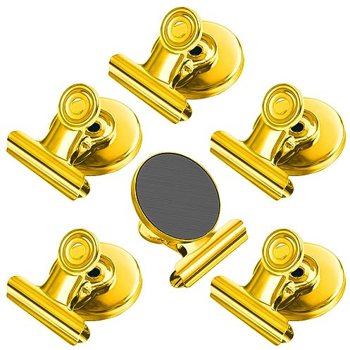 FINDMAG Fridge Magnets Clip, 6 Pack Gold Magnetic Clips, Whiteboard Magnet Clips Strong, Strong Heavy Duty Clips Magnet, Strong Magnet Clips for Whiteboard, Fridge, Office, Classroom, Bags