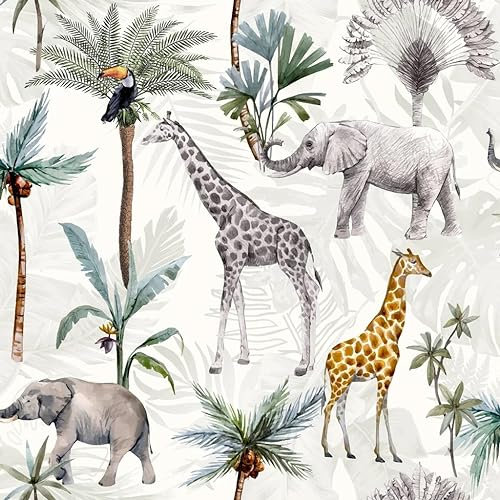 Serengeti Animal Print Multicoloured Wallpaper - Elephants, Giraffes, Toucan - Trees Jungle Palm Leaf - Feature Wall