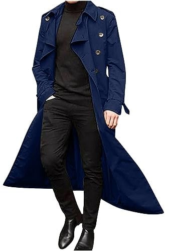 AMhomely Long Coat For Men Uk Winter Notch Collar Button Casual Coats Lightweight Casual Long Windbreak Solid Lapel Trench Coat Business Regular Fit Trench Coats Blue L
