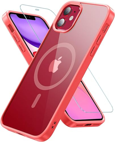Hensinple Magnetica Cover per iPhone 11 con Vetro Temperato, Compatibile con MagSafe, Custodia Antiurto Posteriore Sottile Graffi Paraurti in TPU Bumper - Rosso