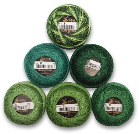 UMC STAG 6 Knäuel Premium Perl-Baumwoll-Stickgarn, Größe 8, 100 % ägyptische Baumwolle, Häkelgarn, Kreuzstich, Stickgarn, Oeko TEX zertifiziert, 10 g pro Knäuel (Grüntöne)