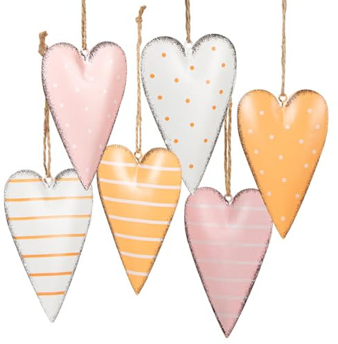 Logbuch-Verlag 6 cuori colorati pasquali con corda da appendere a forma di cuore, per compleanno, estate, rosa, arancione, bianco, 11 cm