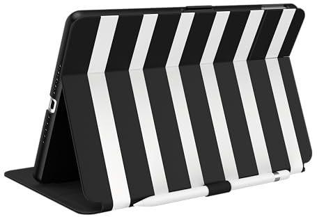 Speck Balance Folio Hülle für iPad 10,2 Zoll (2019-2021) - Fall- & Kameraschutz, schlanker Multi-Range-Ständer, Apple Pencil Halter - Schwarz/Weiß Streifen