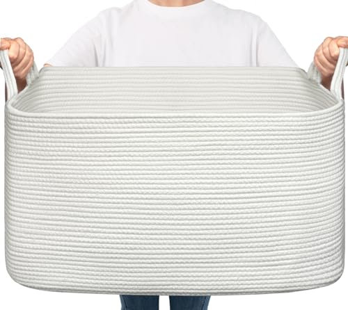 TIMEYARD Wäschekorb, Wäschesammler, Aufbewahrungskorb, Faltbarer Wäschekorb, Square Laundry Baskets, Geflochtener Korb, Wäschekorb Kinderzimmer, Aufbewahrungskorb Kinder für Spielzeug, 65L, Weiß