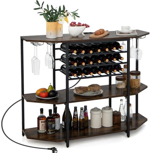 COSTWAY Bar à Vin Industriel, Étagère à Vin 21 Bouteilles, Étagères de Rangement à 3 Niveaux, Supports en Verre, Prises de Courant, 2 Ports USB, pour Salon, Cuisine, Bar, Marron Rustique