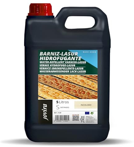 JOVIRA PINTURAS BARNIZ-LASUR Hidrofugante Protector Satinado al Agua. Protege, decora y embellece todo tipo de madera con efecto perlado. (5 Litros, Incoloro) K-14