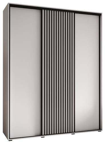 MEBLE KRYSPOL Lanko 1 Schrank mit DREI Schiebetüren mit Stange, Regale - Moderner Aufbewahrungsschrank für Schlafzimmer, Wohnzimmer - 235,2x200x45 cm - Weiß Weiß Schwarz