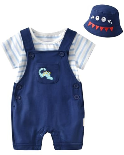 Volunboy 3tlg Babykleidung Set, Sommer Kleidung Outfit Kurzarm T-Shirt Top/Body + Hose/Shorts, Mütze 3er Set Neugeborenes bis Kleinkind(Marine Dinosuar,3-6 Monate,Größe 59)