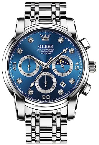 OLEVS Silber Herren Armbanduhr Analog Kleid Eleagnt Blau Zifferblatt Herrenuhr Chronograph Wasserdicht Exklusive Großes Edelstahl Männer Uhr Diamant Lässig Quarz Mens Watches Leuchtend Geschenke Uhr