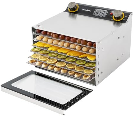 Deshidratador con 6 deshidratadores de acero inoxidable, máquina de secado de alimentos de 400 W para uso doméstico, rango de temperatura 30-90 ℃/86-194℉ para frutas, verduras, hierbas, carne,