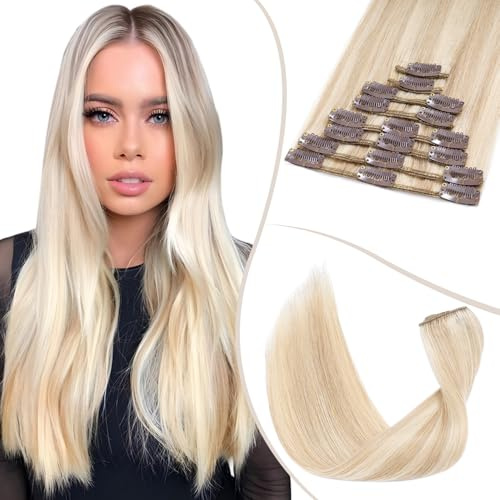 TESS Clip in Hair Extensions Real Human Hair Highlighted Remy Seamless 8 Pieces Straight Short for Women/Girls (#18P613 Ash Blonde & Bleach Blonde, 08 Inch 45g)