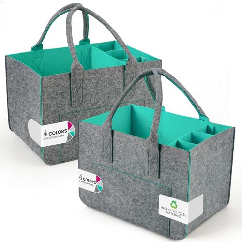 Eurhomewit Filztasche Einkaufstasche mit Fächern, Filztasche Groß 30L Faltbar und Robust Filz Einkaufskörbe Flaschentasche Kaminholztasche Kleiderkorb Spielzeugtasche (Türkis/2 Stücke)