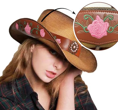 Chapeaux de cowboy pour femme, chapeaux de cowgirl marron classiques en paille pour femme, festival de musique, fête, plage., Marron - Pucircle, Taille unique