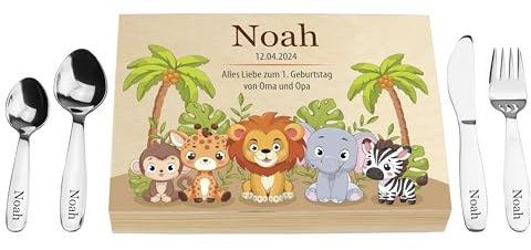 LAUBLUST Kinderbesteck mit Namensgravur - Safari Motiv | Geschenkbox Natur - Besteck mit Namen | Geschenk zur Taufe für Kinder - Taufgeschenke für Jungen & Mädchen | Personalisierte Erinnerungsbox