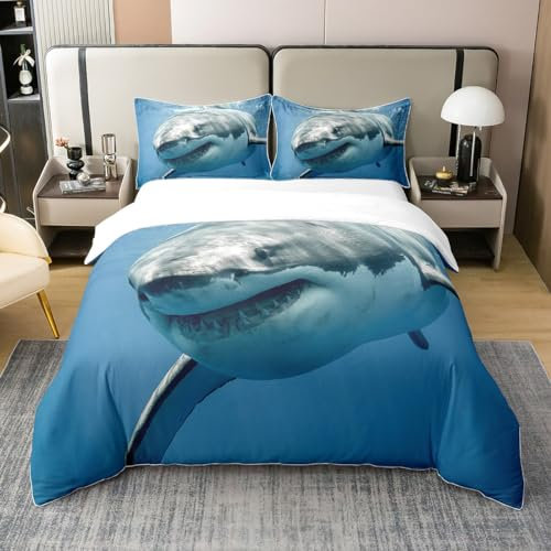 Loussiesd Hai Bettwäsche Set 135x200cm 100% Baumwollecm Marine Motiv Bettwäsche Bettbezug Set für Erwachsene Ozean Meer Tier Deko Betten Set Meer Unterwasserwelt Schlafzimmer 2tlg