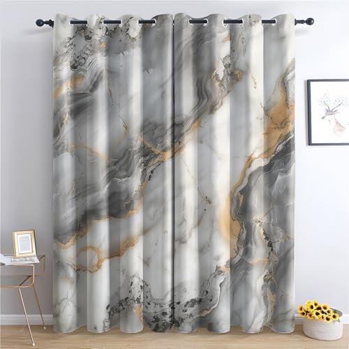 Luxus Marmor Vorhang, Grau Gold Marmor Gardinen mit Ösen 2er Set Verdunkelungsvorhang, Abstrakte Marmor Vorhänge, Wohnzimmer Schlafzimmer Kinderzimmer Blickdichte vorhänge, 137x117 cm1&-ua228
