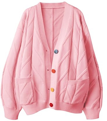 ebossy - Cardigan da Donna a Maglia, a Maniche Lunghe, Aperto sul Davanti, con Scollo a V e Bottoni, in Misto Lana, Z-Rosa, XX-Large