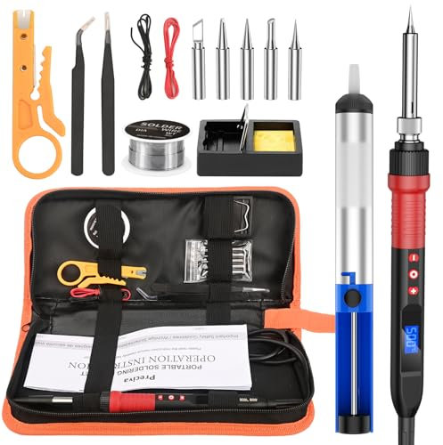 Fer a Souder Kit，Preciva 80W Fer a Souder Réglable avec Écran LCD (220℃~500℃)，Station de Soudage,Pstolet a Souder，Fil de Soudure，5 Pointes à Souder, Pince à dénuder, Sac à Outils Portable