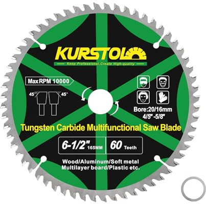 KURSTOL Wood Circular Saw Blade - 165mm TCT Cutting Disc 60T Tungsten Carbide Tipped Blade Bore 20mm-16mm for Wood, Laminates, Aluminum, Copper, Non-Ferrous Metals, Plastic