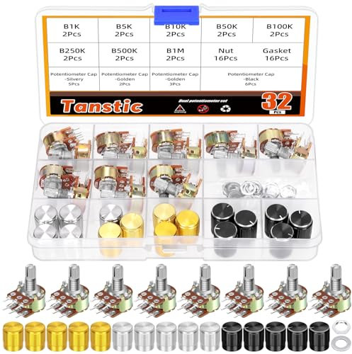 Tanstic 16 Sets B1K-B1M Potentiometer Linear Taper Rotary Potentiometer Typ B mit Knöpfen, Muttern und Unterlegscheiben
