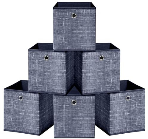 HEFTMAN Foldable Storage Cube Boxes - Set of 6 Blue Fabric Storage Boxes with Grommet Handle, Space Saving Fabric Cube Storage Boxes for Clothes, Toys, Books Organisation (26 x 26 x 28 cm - Blue)