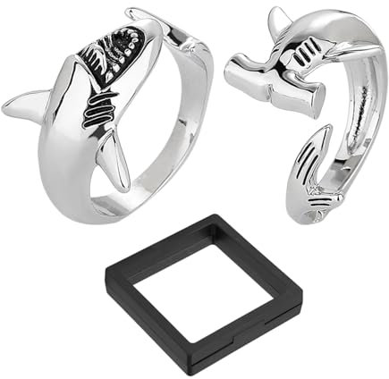 SLEEKEE 2 Stück Hai-Ringe, 1 Stück Schmuckschatulle, Verstellbarer Offener Ring, Vintage-Ring Mit Großem Weißen Hai, Hai-Schmuckzubehör, Schmuckgeschenke Für Männer Und Frauen