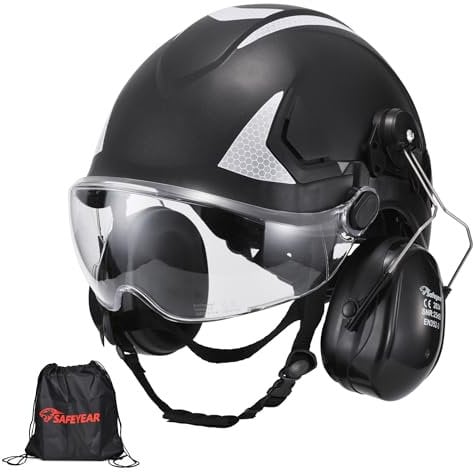 SAFEYEAR Sicherheit Harter Hut mit Anti-Kratzer Brille,Ohrenschützer,EN397 Sicherheitshelme mit Kinnriemen Leichte reflektierende belüftete ABS Harte Hüte für Industriearbeiter 6-Punkt Aufhängung
