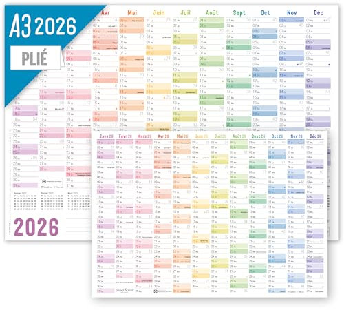 Häfft® Wandkalender 2026 A3 auf Französisch (42 x 29,7 cm) gefalzt Rainbow, Wandplaner mit französischen Feiertagen + extra A4-Kalender - nachhaltig & klimafreundlich