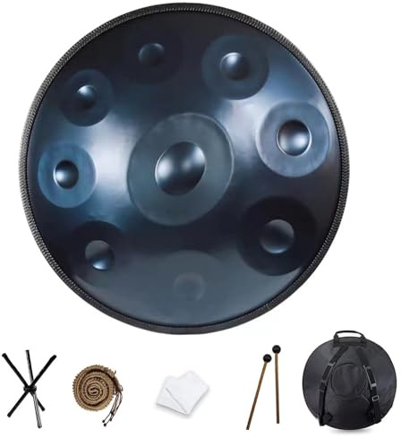 SQSXCKIQ Handpan-Trommel-Sets, D-Moll 22 Zoll 9/10/12 Noten Stahl-Handtrommel mit weicher Tasche, 2 Handpan-Schlägeln, Staubtuch, Handpan-Ständer Blau 12 Noten