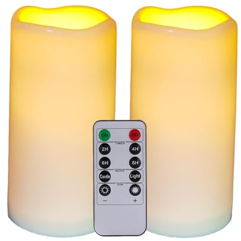 HjingChen 2 Stück Wasserdichte flammenlose Kerzen mit Fernbedienung und Timer,Outdoor-Batterie Betriebene Plastik LED Kerzen elektrische Säulenkerzen für Camping, Hochzeiten