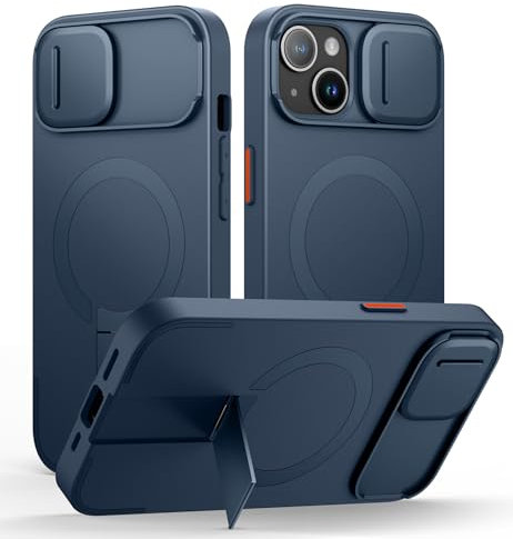 SURITCH Magnetisch hülle Kompatibel mit iPhone 15, Stoßfest Handyhülle Kratzfest Schutzhülle mit Kameraabdeckung schieben und verstellbarem Kickstand(Tiefblau)