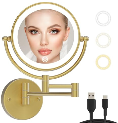 LEDOOLE Wiederaufladbarer beleuchteter Make-up-Spiegel zur Wandmontage, mit Vergrößerung, 20,3 cm, 1X/10-fach, doppelseitig, Touch-dimmbar, 360° drehbar, ausziehbarer Arm, Kosmetikspiegel, gebürstetes