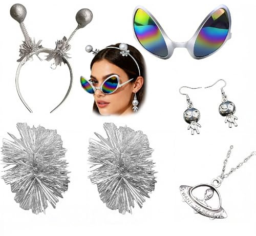 WYRGQIQN Alien Haarreif Set, 5-teilig – Silberne Alien Accessoires für Party, Cosplay & Themenveranstaltungen, inklusive Haarreif, Brille, Ohrringe, Halskette und Handdekoration, für alle Altersgrupp
