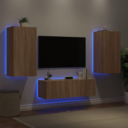Teenpull 3-TLG. TV-Wohnwand Sonoma-Eiche, Wandmontage, mit RGB-LED-Beleuchtung, Holzwerkstoff, 2X 40,5x35x80cm, 1x 100x35x31cm, modernes Entertainment Center für Wohnzimmer, reichlich Stauraum