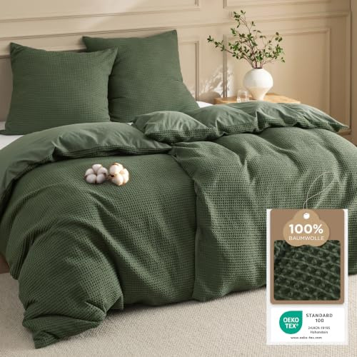 BEDSURE Bettwäsche 135x200 Baumwolle Waffelpiqué - 4teilig Olivengrün | Waffel-Baumwoll-Bettwäsche mit Reißverschluss, einfache Montage, ÖKO-TEX, weich & hautfreundlich, ganzjährig geeignet